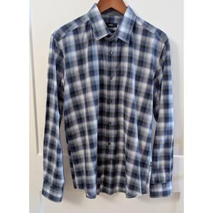 Mens Hugo Boss Plaid 100% Cotton Button Up Shirt Sz Large Blue Slim Fit